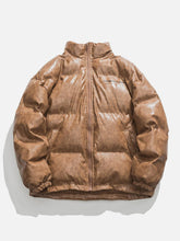 Wintermantel aus glänzendem Leder mit Stehkragen und Buchstabendruck